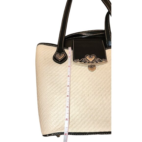 VTG Brighton Vintage Straw Tote Bag Black Leather Trim & Silver Heart Accents - Picture 7 of 8